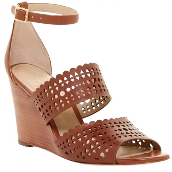 Tory Burch Nutria Perforated Gladiator Ankle Wrap Wedge Sandal - Picture 1 of 9